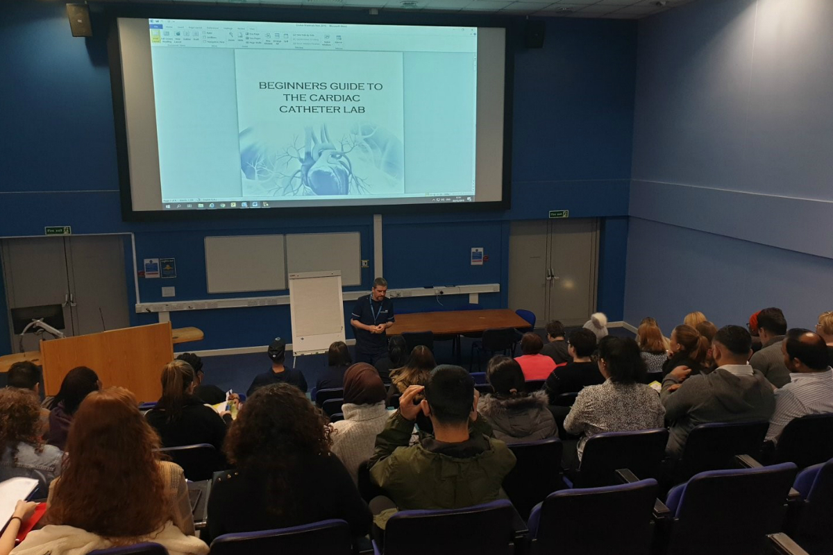 Staff in a lecture theatre at the Cardio Catheter Training day