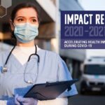 Front cover of Health Innovation Manchester Annual Impact Report 2020-2021